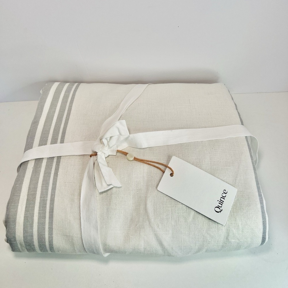 Quince Home Coastal Stripe Linen Cotton Room Darkening Curtain Ivory/Gray 48X84